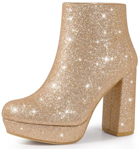 Perphy Women Glitter Platform Round Toe Chunky Heel Ankle Boots Side Zip | Sparkly bootie with 4.3'' heel. Cushioned insole for comfort. Great for party, wedding, office, vacation