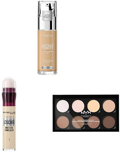 L'Oréal Paris, Perfect Match Make-Up, 3.N Creamy Beige+ Maybelline New York Abdeckstift, Instant Anti-Age Effekt Concealer, Nr. 01 Light+ NYX Professional Makeup Highlight & Contour Pro Palette