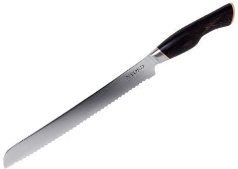 NYORD Damast Brotmesser – Wellenschliff mit ultrascharfer Damastklinge, Botschneidemesser mit ergonomischem Pakkaholz Griff, Messer aus 67 Lagen Damaststahl, Damastmesser mit 25 cm Klingenlänge