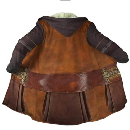 Kriegerrüstung Tattoo Kaftan Herren, 3D Druck Nordisch Winter Warm Verdickt Kapuzenumhang, Mode Lässige Sherpa Futter Parka, Mittelalter Hornschnalle kaschmir Mantel, Ein Muss für Viking-Fans(Brown re