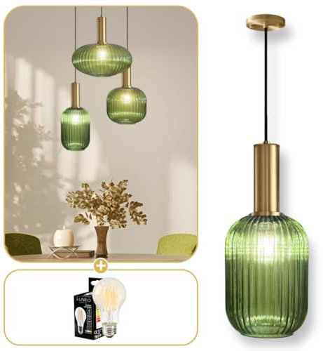 Lumeo Creative | Lámpara colgante de cristal ahumado Cristali | Lámpara vintage para comedor, isla de cocina, entrada | lámpara de salón dorado | Lámpara colgante vintage (verde imperial, A - mango