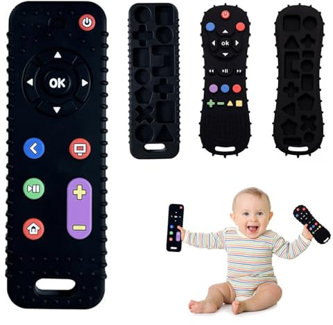 Dentizione Sollievo Dentiera Giocattoli per Bambini,2pcs Telecomando Bambini Giocattolo,Massaggia Gengive Neonati,Telecomando Silicone Giochi Neonato da Bagno,Giochi Dentizione Neonato,Nero
