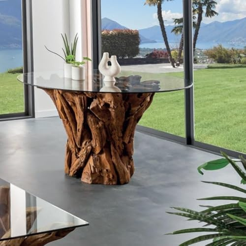 KaYu Meuble Table Ronde Morceaux Racine Teck et Verre 130cm Casita DATA52 - L 130 x l 130 x H 78 cm