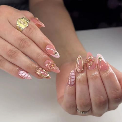 Yamobi 24 Pièces Press On Ongles French Ongles Artificiels Courts avec Gel Doux, Courtes Ongles en Amande, Faux Ongles avec Fleurs et Perles 3D, Ongles Adhésifs pour Femmes