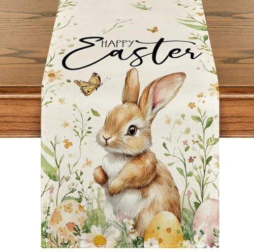 Osterdeko Tischläufer, Ostern Deko Tischläufer, Frühlingsdeko Hase Tischläufer Waschbar Ostertischläufer Hasen Blättern Blumen Muster Leinen Tischläufer Ostern für Küchen Esstisch Party Deko (A)