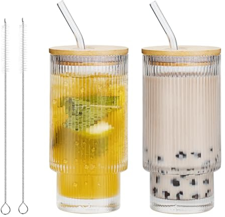 XWXO 500 ml Glasbecher mit Deckel und Strohhalm 2 Stück, Matcha Gläser Bubble Tea Becher Eiskaffee Gläser Ideal für Heiße/Kalte Getränke, Geschenk, Biergläser, Camping, Party