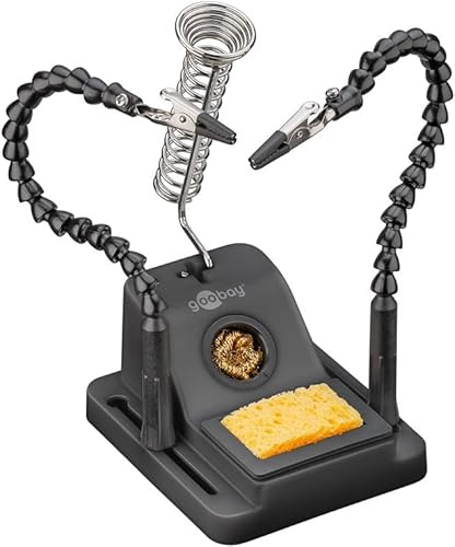 goobay Tercera mano con brazos flexibles y soporte para soldador, herramienta soldadura con pinzas ajustables, esponja y lana limpiadora, base deslizable, para electrónica y bricolaje, 76561