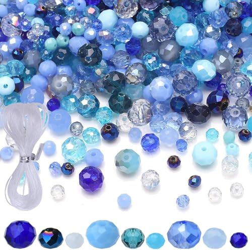 300 Stück Perlen zum Auffädeln, Glasperlen zum Auffädeln, Blaue Perlen Blau 4/6/8mm Glitzerperlen Kristallperlen, Facettierte Glasperlen, Bastelperlen für Basteln, Jewellery Making und Armbänder
