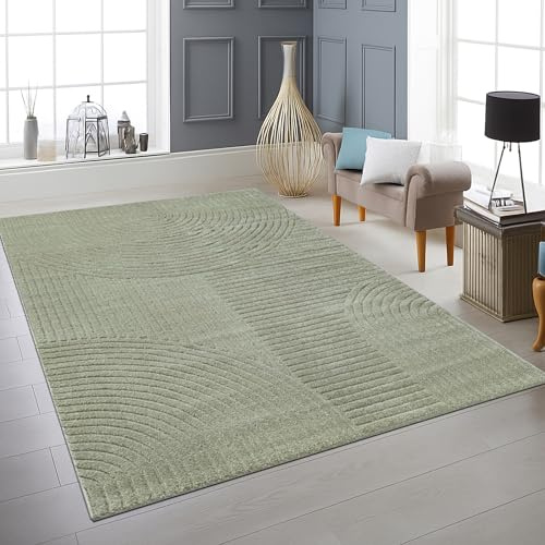 Teppich-Traum Teppich Hoch-Tief-Effekt Linien und Bögen Grün 80x300 cm | Natürliche Farbwirkung, weich, pflegeleicht, formstabil, trittschonend, Wohnzimmer, Esszimmer, Schlafzimmer