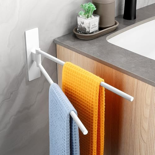Dvocel Porte-serviettes sans perçage - 2 bras - Autoadhésif - En acier inoxydable - Pivotant à 180° - Montage mural - Pour salle de bain et cuisine - Blanc