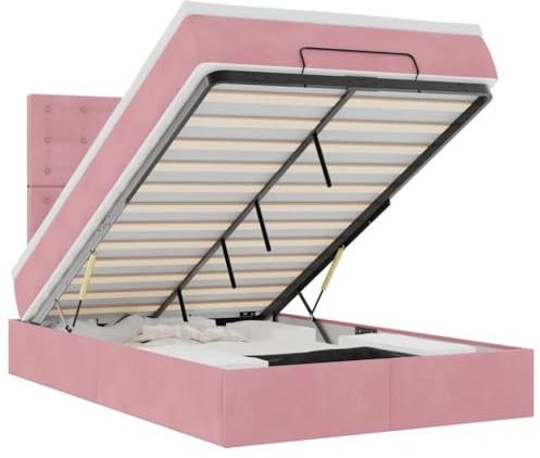 Owoxanthellate Rosa Ottomanbett 120x200 cm Samt Doppelbett mit Taschenfederkernmatratze LED Kopfteil hydraulischer Stauraum Futonbett für Schlafzimmer Gästezimmer