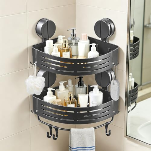 ZBXSNK 2Pcs Corner Shower Caddy, No Drilling Suction Cup Bathroom Corner Shelves, Shower Storage Shelf with Towel Bar & Hooks, for Bathroom Kitchen Vanity & Shampoo, Razors, Spice Bottles