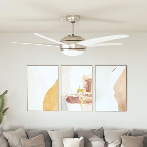 Ordellia Ventilador de techo decorativo con lámpara de 128 cm, color blanco, carcasa cromada de MDF, 3 niveles de velocidad, mando a distancia, circulación de aire para verano e invierno
