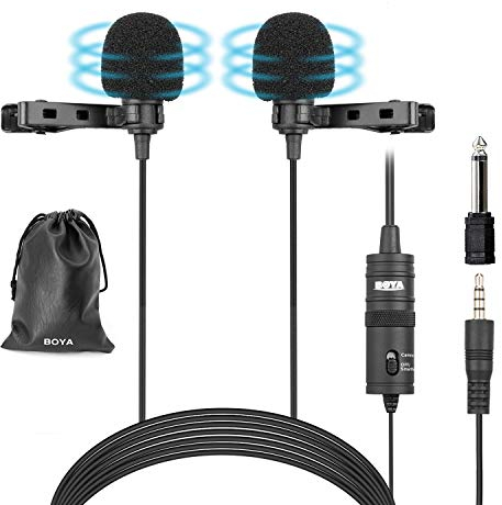 BOYA BY-M1DM Dual Lavalier Microphones, Omnidirectional Condenser Hands Free Clip-on Lapel Mic with a 1/8 Stereo Connector for Camera,DSLR,iPhone,Android,Samsung,Huawei, Sony,PC,Laptop