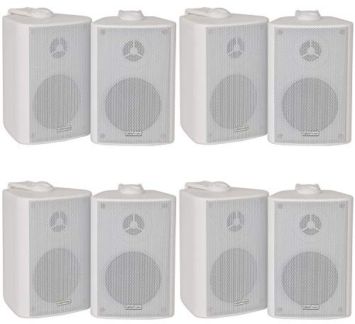 8x (4 Pairs) - 60W 2 Way White Wall Mounted Stereo Speakers & Brackets - 3” 8Ohm - Mini Compact Background Music Loudspeakers For HiFi Surround Sound & Streaming