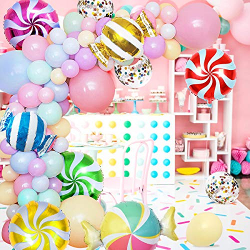 JOYMEMO Candy Ballon Girlande und Arch Kit - Candyland Party Dekorationen mit Pastell Macaron Lollipop Ballons für Weihnachten Urlaub Candy Theme Baby Shower Birthday Party Supplies
