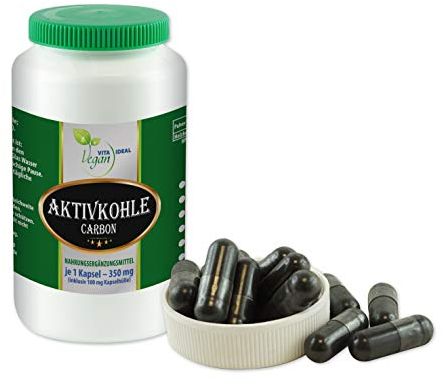 VITA IDEAL Vegan® AKTIV - KOHLE 90 KAPSELN - Carbon, Carbo medicinalis - Aktivkohle - Holzkohle - Tagesportion 640mg Pflanzenkohle reines Pulver. Natürlich, pflanzlich,und ohne Zusatzstoffe.