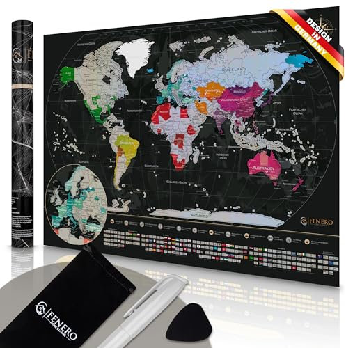 FENERO Weltkarte zum Rubbeln XXL [DIN A1] - aus exklusivem Kunststoff - Rubbel-Weltkarte Deutsch - Landkarte zum Rubbeln mit Marker, Plektrum & Täschchen - SILBER