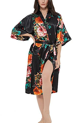 Kimono en satin imprimé rose pour femme - Paon - Robe de chambre de demoiselle d'honneur - Vêtements de nuit, Rose Floral Noir, 3XL Grande taille