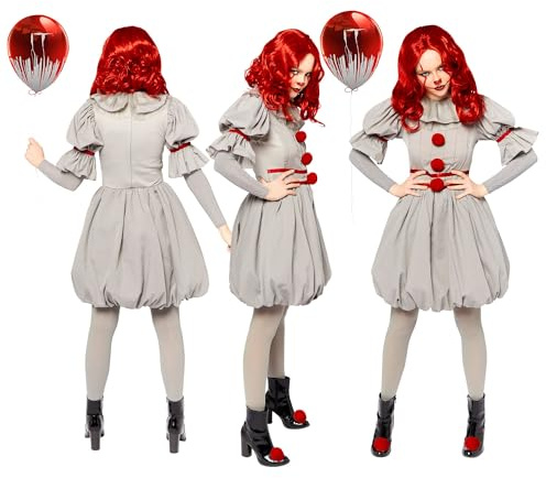 Amscan - Erwachsenenkostüm ES, Kleid und Strumpfhose, Horror-Clown, Killer, Halloween, Grau, 42-44