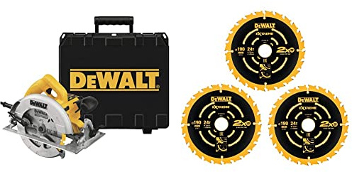 Dewalt 1.600 W Handkreissäge (max. Schnitttiefe 67 mm, inkl. Zubehör und Transportkoffer) DWE575K + 3x Kreissägeblatt-Set Extreme (Sägeblatt-ø 190/30 mm, Schnittbreite: 1,65 mm, 24 Zähne) DT10399