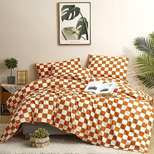 Houseri Burnt Orange Grid Comforter Set King White and Caramel Plaid Bedding Comforter Sets for Women Men Rust Orange Buffalo Checkered Bed Quilt Soft Comfy Chic Cinnamon Gingham Comforters King Size