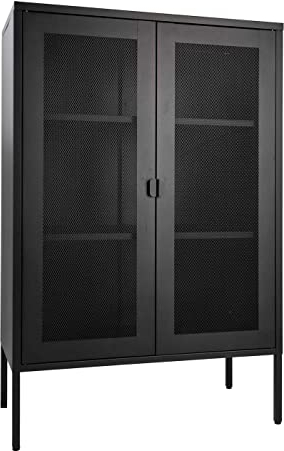 Schwarze Vitrine mit feinmaschiger Tür