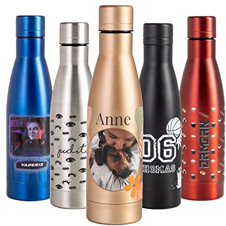 Wanapix | Botella de Acero Inoxidable con Foto 100% Personalizada | Color Dorado | 500 ml. | Doble Capa | Personaliza con Fotos y Textos | Botella Térmica Frío y Calor con Personalización 360º