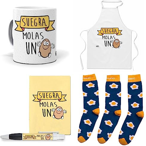 Que Regalar para Suegras. Suegra molas un Huevo. Taza,Delantal, libreta, boli y Trio de Calcetines