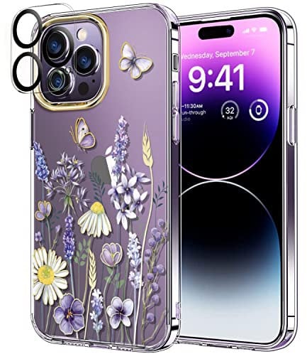 luolnh Compatible with iPhone 14 Pro Max Case with Flowers,for Girly Women,Shockproof Clear Floral Pattern Hard Back Cover for iPhone 14 Pro Max 6.7 inch(Blue Purple wildflower)