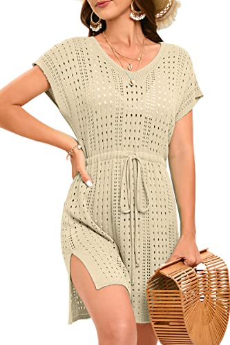 Timuspo Robe de plage sexy tricotée pour femme - Taille latérale - Maillot de bain - Bikini Cover Up - Maillot de bain - Robe d'été, beige, L