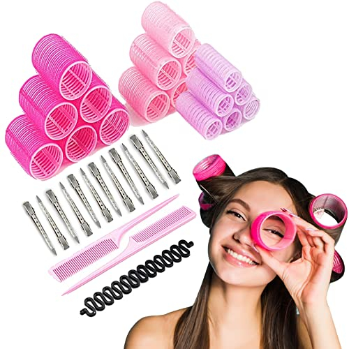 Phantasy® Lockenwickler Große Locken Set 33 Stücke, Locken Ohne Hitze mit 12 Stücke Entenschnabelclips Jumbo Groß Kleine Selbsthaftend Hair Rollers 45 mm 36mm 25mm für Lange Mittlere Kleine Haar