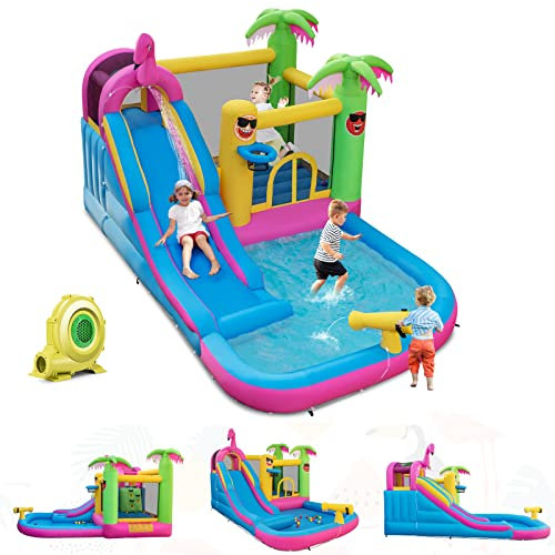 GOPLUS Château Gonflable Flamant avec Souffleur 680w, Trampoline, Toboggan, Mur d'escalade,Piscine,Aire de Jeux Gonflable avec 50 Boules Océaniques, pour 3 Enfants 3-10 Ans 135KG