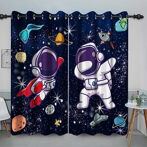 Baocicco Weltraum-Astronauten-Vorhänge für Jungen-Schlafzimmer, Cartoon, Raketen, Planeten, Raumfahrer, Ösen, Fenstervorhänge, kosmisches Abenteuer, Kosmonaut, Weltraumvorhänge, 2 Paneele, 106,7 x