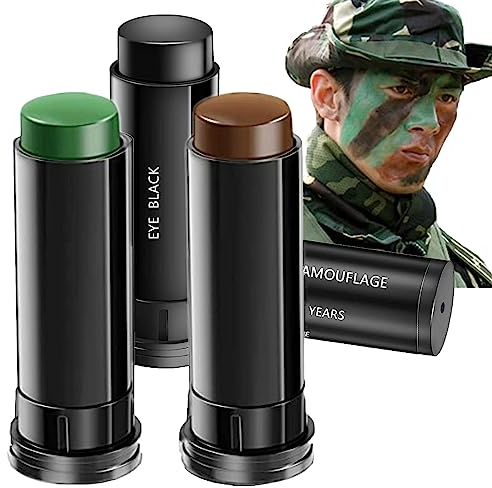 3 Stücke Camouflage Gesicht Farbe Sticks Kit, Auge Schwarz Baseball/Softball/Fußball Zubehör, Militär Tarnschminke Schminkstifte Körper Halloween Körperkunst Party Schminke (Schwarz, Braun, Grün)