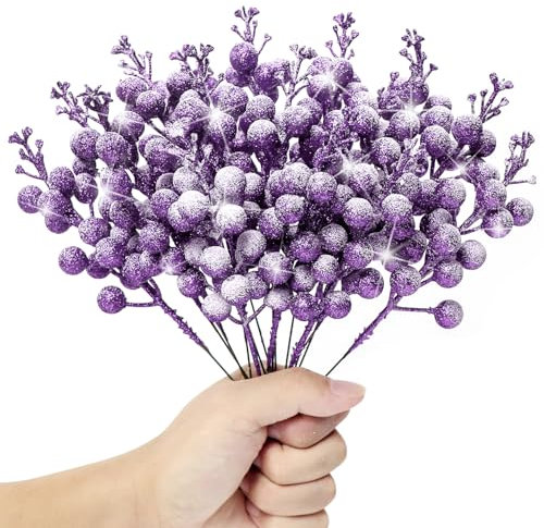 KKSTY Pack of 16 Artificial Frosted Berry Picks, 22cm Christmas Glitter Berries Stems Snowy Holly Berry Branches for Xmas Tree Decoration DIY Crafts Wreath Making Supplies Home Decor(Purple)