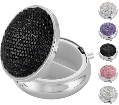 Bling Klein Pillendose für Unterwegs, Strass Pille Fall für Frauen Mädchen Fischöle Vitamine Medizin, Metall Tragbare Pillendose Organizer für Geldbörse, Tasche, Reise (Bling Schwarz)