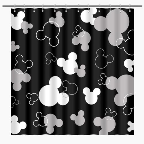 BIYSUC Duschvorhang mit Mauskopf, schwarzer Hintergrund, Kinder, Cartoons, Kinder, niedliches Tier, grau-weiß, Badezimmer, Heimdekoration, wasserdichtes Polyestergewebe, 183 x 183 cm (L x B) mit Haken