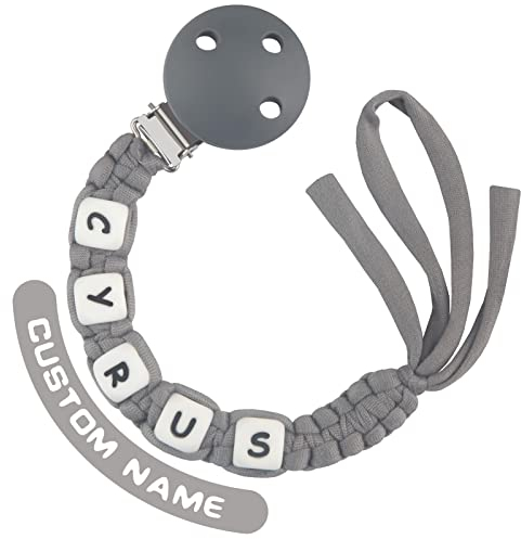 Kowlone Schnullerkette Baumwolle mit Namen Jungen mädchen Personalisiert Geflochten Schnullerketten Clips für Baby Neugeboren(Grau)