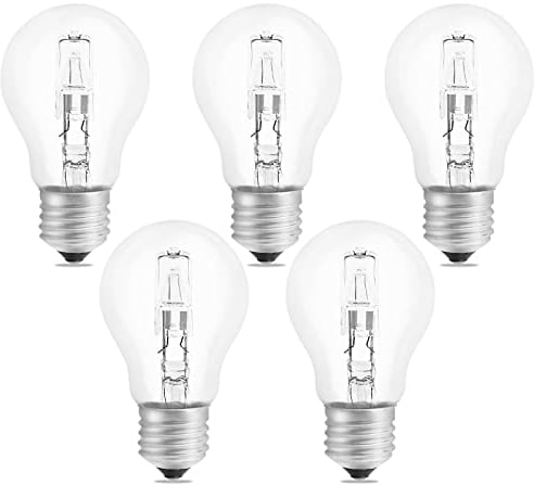 SCNNC Halogen Leuchtmittel E27 A55 Dimmbar, Halogenlampen E27 Classic Klar Halogen Birne AC220-240V, Warmweiß 2700K, E27 Globe Halogenlampen für Deckenleuchte, Wandlampe, 5 Stück