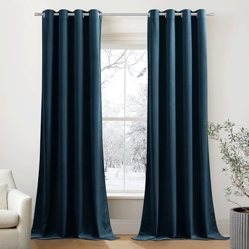 PONY DANCE Thermovorhang Kälteschutz Weiche und Schwere Vorhänge Samt Dunkelblau (Gewicht: 300g/m²) Ösenschal 2er Set Samt Blickdichte Gardinen mit Ösen Samtvorhang, H 240 x B 132 cm