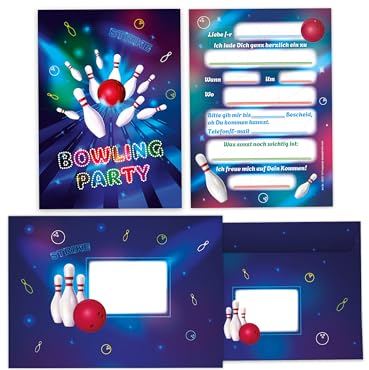 Limonia 6 Einladungskarten inkl. 6 Umschläge zum Kindergeburtstag Motto-Party Bowling neon Einladung Set Geburtstag Mädchen Kinder Jungs Jungen Boys Teenies