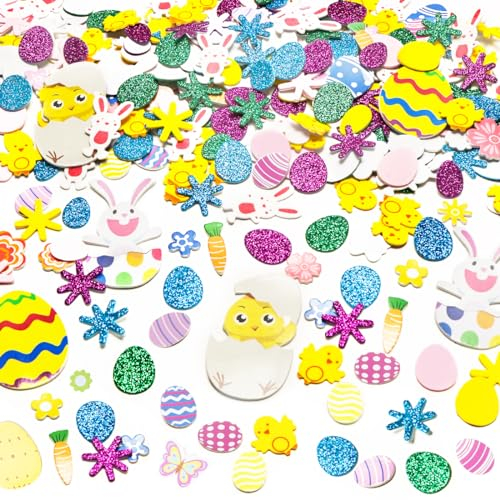Wishstar 300pcs Moosgummi Aufkleber Ostern, Glitter Schaumstoff Sticker Kinder, Ostern Basteln Set, Moosgummi Bastelset Kinder, Basteln Mädchen für Kunsthandwerk Sammelalben DIY Ostern Dekoration