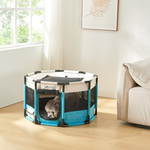 [en.casa] Welpenauslauf Nærøysund Laufstall 72 x 72 x 45 cm für Hund Katze wasserdicht Haustierlaufstall Indoor Outdoor Textil Blau/Beige