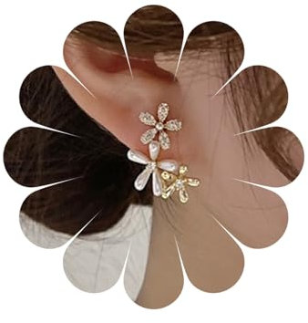 Gold Plattiert Blau Matt Blume Ohrstecker Tropfen Ohrringe Zarte Große Perle Hochzeit Schmuck für Frauen und Mädchen (3Gold)