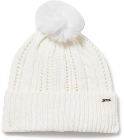 DKNY Damen Logo Bar Faux Fur Pom Cable Knit Hat Beanie-Mütze, Elfenbein, Einheitsgröße