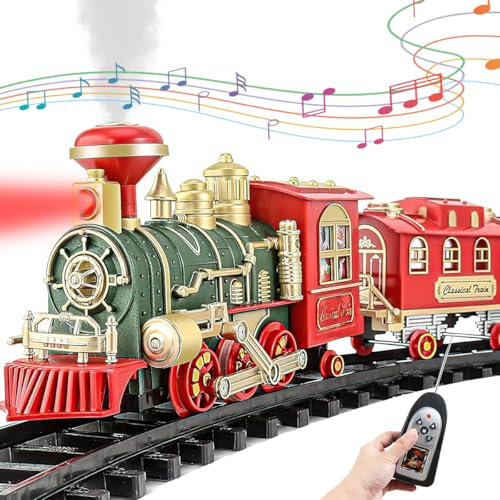 Xwin Remote Control Train Set with Smoke, Lights and Sounds - 22Pcs Battery Operated Steam Locomotive Toy with Tracks - Realistic Railway Playset for Kids Ages 3+ Years