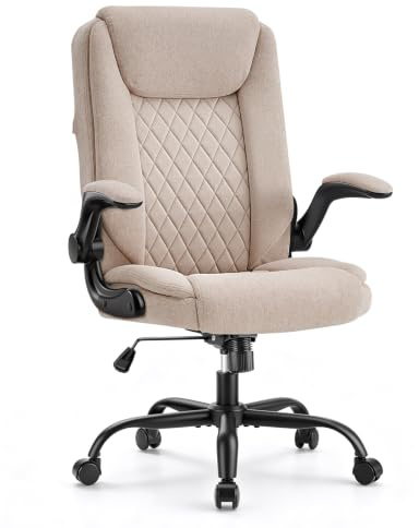 CASTLOVE Ergonomic Office Chair Fabric Desk Chairs for Home Office, Cream | 12cm Thick Cushion| Breathable Linen| Space-Saving Flip-Up Arms| Ergonomic Back Support| Supports 150kg | 15min Easy Assembly