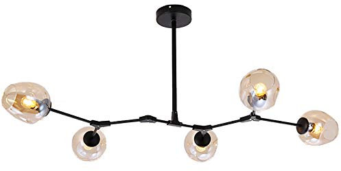 Chandelier Lustre Boule de Verre Nordique E26, Suspension de Branche à 5 lumières, Abat-Jour en Verre soufflé à la Main Vintage, Lustre Globe Antique, éclairage-Ambré Ambre 5 lumières Pendant Lamp
