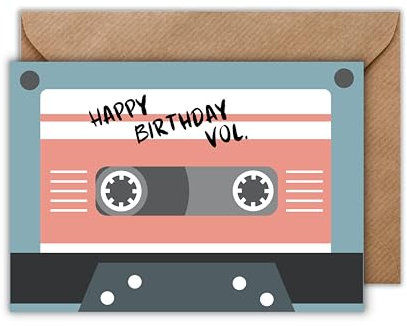 Gruß Karte mit Umschlag - Geburtstagskarte Oldschool Grey Grau Happy Birthday Vol Mix Tape Party Einladungskarte Vintage Retro Style Kasette Geschenkkarte Audiophil Nostalgie Musik Kindheit (DIN A6)
